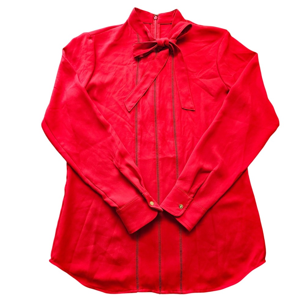 Lauren Ralph Lauren Red Tie Neck Blouse Ladder Stitch Long Sleeve Top Size 4